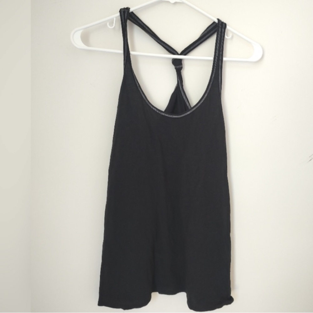 ON | extra Long black razor back tank top with white stitching detail | SP